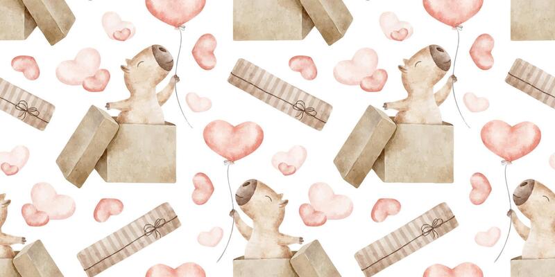 Capybaras with red hearts balloons and gift boxes. Valentine's Day background with rodent. Hand drawn watercolor seamless surface pattern design of guinea pig for February 14, textile, wrapping paper