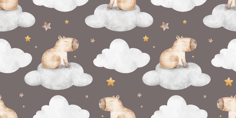 Capybara sitting on clouds among stars. Cute dreamy character rodent animal. Watercolor seamless surface pattern design. Background of guinea pig for wallpaper, kids room, fabric, clothes, bed linen