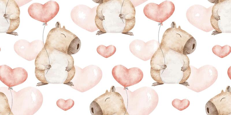 Capybaras with red hearts balloons. Valentine's Day background with cute rodent. Hand drawn watercolor seamless surface pattern design of guinea pig for February 14,wallpaper, textile, wrapping paper