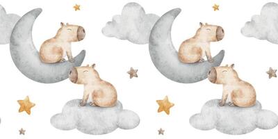 Capybaras sleeping on crescent moon, clouds and stars. Hand drawn watercolor kids seamless pattern. Drawn background of guinea pig for bed linen, textile, wrapping paper, clothes vector