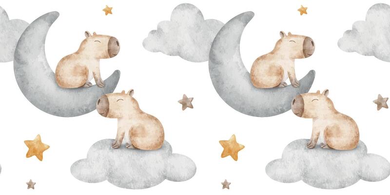 Capybaras sleeping on crescent moon, clouds and stars. Hand drawn watercolor kids seamless pattern. Drawn background of guinea pig for bed linen, textile, wrapping paper, clothes