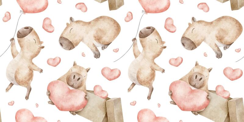 Capybaras fly at heart balloon, gift boxes and hearts. Hand drawn watercolor seamless pattern for Valentine's Day. Romantic background of guinea pig for February 14,wallpaper, textile, wrapping paper