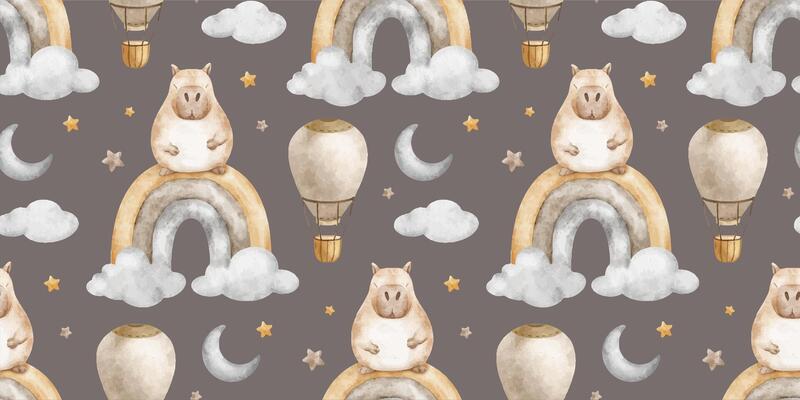 Seamless pattern of Capybara on rainbow among cloud, hot air balloon, crescent moon and star on dark background. Watercolor print of guinea pig for wallpaper, kids room, fabric, bed linen