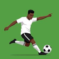 Male soccer player kicking ball on green field in dynamic action pose illustration vector