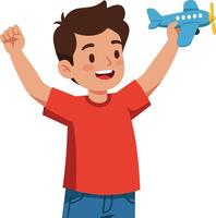 Boy Playing with Blue Toy Airplane Wearing Red Shirt and Jeans Happy Child Playing Imaginative Game vector