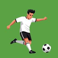 Male soccer player kicking football on green background illustration in dynamic action pose vector