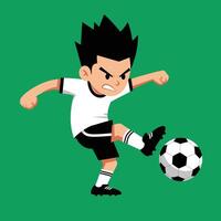 Boy playing soccer with intense focus kicking ball on green field in dynamic pose illustration vector