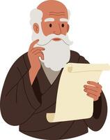 Wise elderly man reading ancient scroll holding parchment illustration thoughtful expression vector