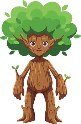 Tree character with leafy green crown and wooden body fantasy forest creature illustration
