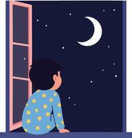 Child in Starry Pajamas Looking at Crescent Moon Through Open Window at Night Illustration vector