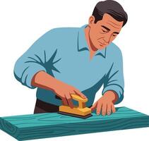 Man using electric sander tool on wooden plank in woodworking workshop illustration vector