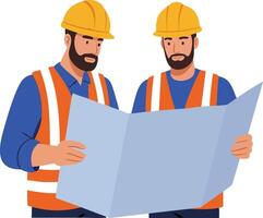 Construction workers wearing safety helmets and reflective vests reading blueprints for building projects teamwork and planning vector