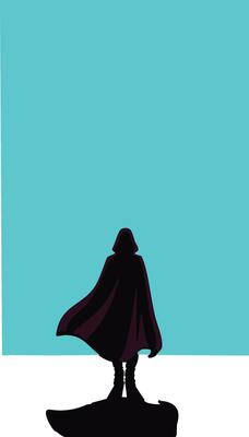 Silhouette of cloaked figure standing on rock with bright blue rectangle background illustration