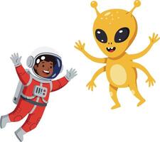 Child astronaut floating in space with friendly yellow alien character illustration vector