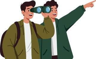 Two young men exploring with binoculars and pointing finger in casual jackets illustration vector
