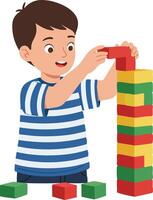 Boy Building Tower with Colorful Blocks Playing and Learning Development Activity Illustration vector