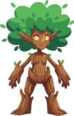 Tree character fantasy wood creature with green leaf hair and glowing eyes illustration