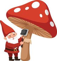 Gnome chopping large red and white mushroom with axe whimsical fantasy illustration vector