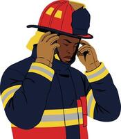 Firefighter putting on helmet in protective uniform preparing for emergency response illustration vector