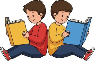 Two boys sitting back to back reading colorful books in casual clothes illustration vector