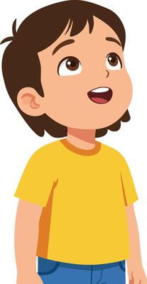 Young boy looking up with curious expression in casual yellow shirt and blue pants illustration