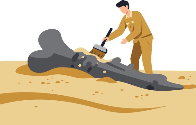 Archaeologist cleaning large bone fossil at excavation site with brush in desert landscape illustration