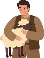 Man Holding Sheep in Arms Caring for Farm Animal Illustration of Farmer and Livestock in Simple Style vector