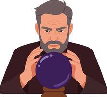 Man concentrating on purple crystal ball for fortune telling and divination with serious expression illustration vector