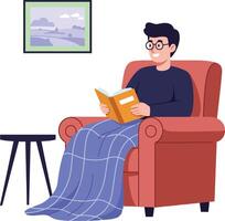Man Relaxing in Armchair Reading Book with Blanket and Wall Art Indoor Illustration vector