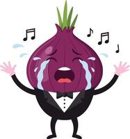 Singing onion character crying tears in tuxedo with musical notes illustration vector