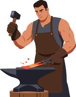 Blacksmith forging hot metal on anvil with hammer in workshop i vector