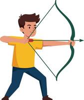 Young boy practicing archery with green bow and arrow in action pose illustration vector