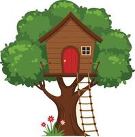 Treehouse with wooden ladder and red door surrounded by green foliage and flowers illustration vector