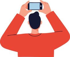 Man taking photo with smartphone illustration in red shirt from behind perspective vector