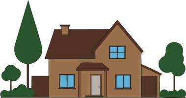 Brown house with garage and trees in simple flat style illustration for home and real estate concepts vector
