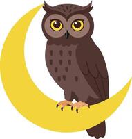 Brown owl sitting on yellow crescent moon illustration with nocturnal theme and simple design elements vector