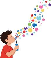 Boy blowing colorful soap bubbles with various sizes and bright red shirt illustration vector