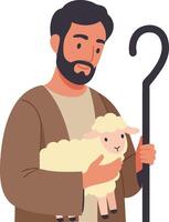Bearded shepherd holding sheep with staff in simple flat illustration style vector