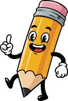 Animated pencil character with pink eraser happy smiling and pointing finger illustration design vector
