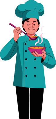 Chef tasting hot soup in teal uniform with hat cooking culinary dish illustration