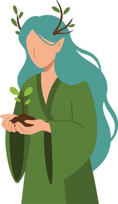 Female elf character holding a small plant with green robe and antler crown fantasy illustration