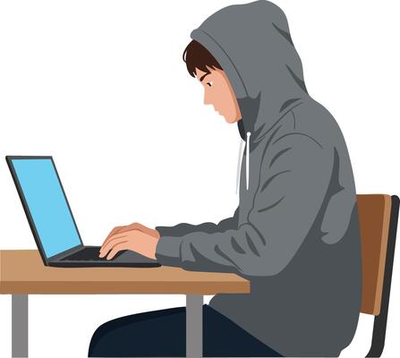 Young man in gray hoodie working on laptop at desk focused on screen illustration