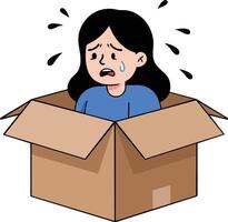 Sad girl crying inside cardboard box feeling trapped and anxious illustration vector