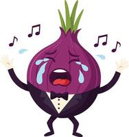 Crying purple onion character singing with tears and music notes in tuxedo illustration vector
