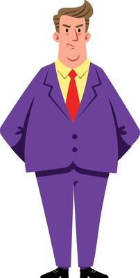 Businessman wearing purple suit and red tie standing confidently in illustration
