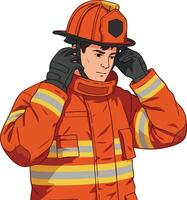 Firefighter in orange protective uniform adjusting helmet and gloves safety gear illustration vector