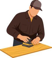 Man sanding wooden board with electric sander tool in workshop for woodworking projects and craftsmanship vector