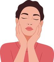 Woman with closed eyes touching cheeks in calm relaxed facial expression illustration vector