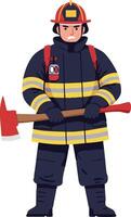 Firefighter in full protective gear holding red axe standing ready for emergency response illustration vector
