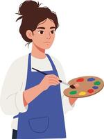 Female artist painting with palette and brush in blue apron creating colorful artwork illustration vector
